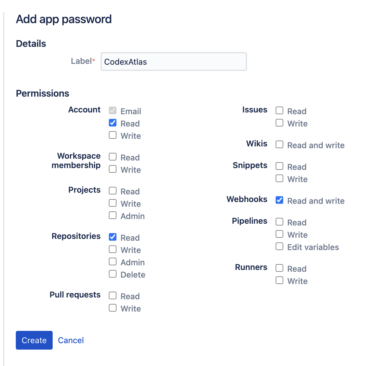 Page to create a token in Bitbucket