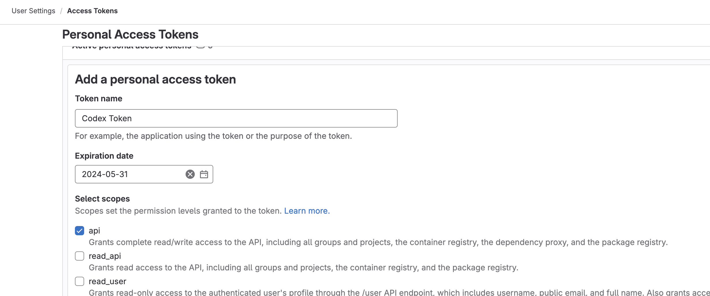 Page to create a token in Gitlab